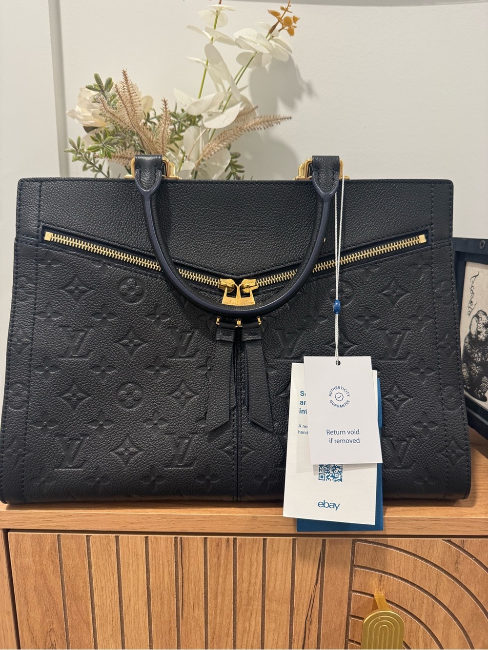 Louis Vuitton Sully MM Black Embossed Monogram Leather Tote with Gold Hardware